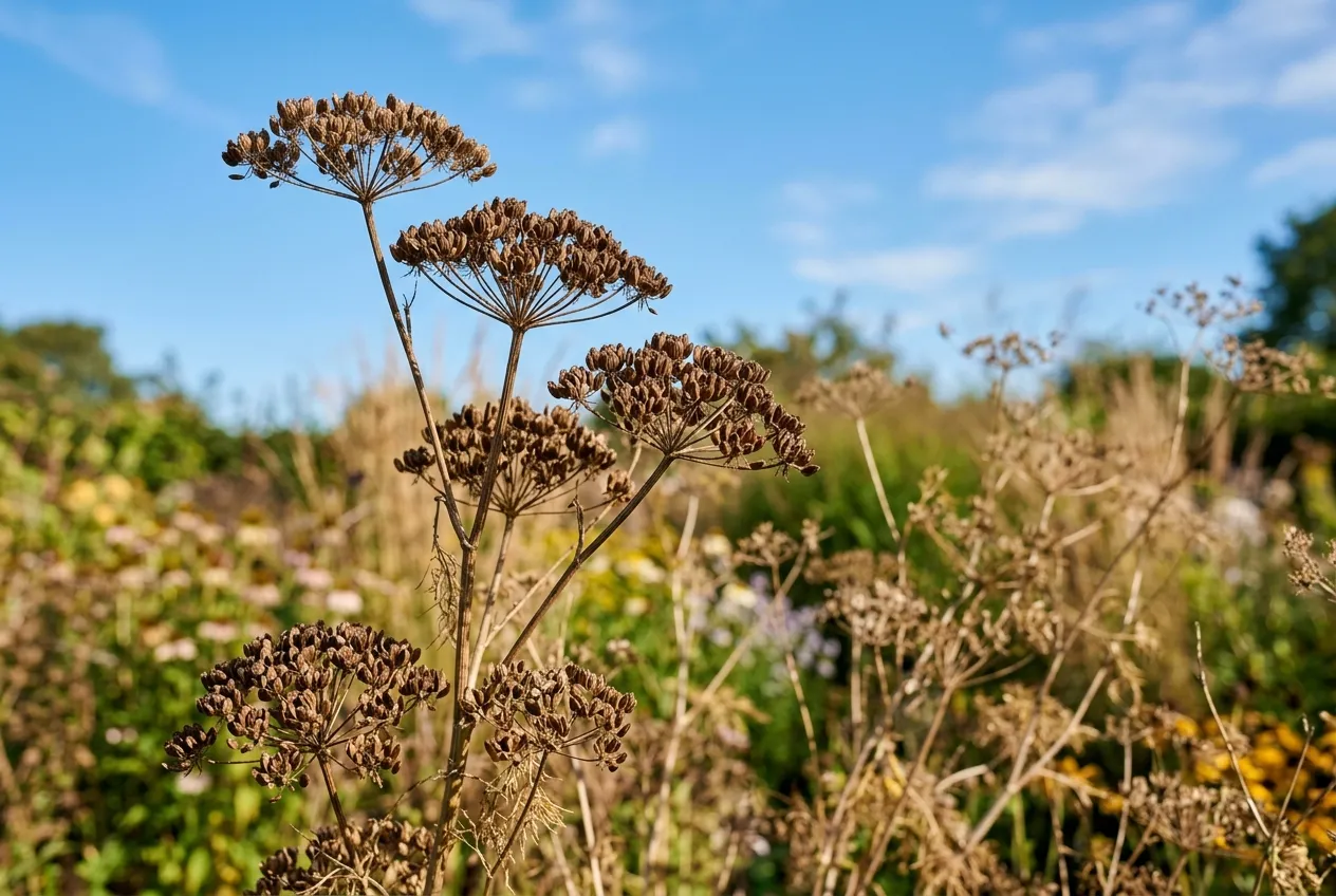 Fennel herb seed heads drying with brown ripe seeds ready for harvest in a UK garden in September