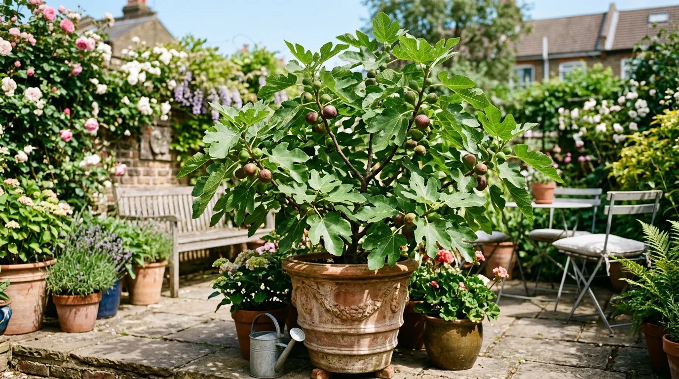Fig tree growing in a large ceramic pot on a sunny patio