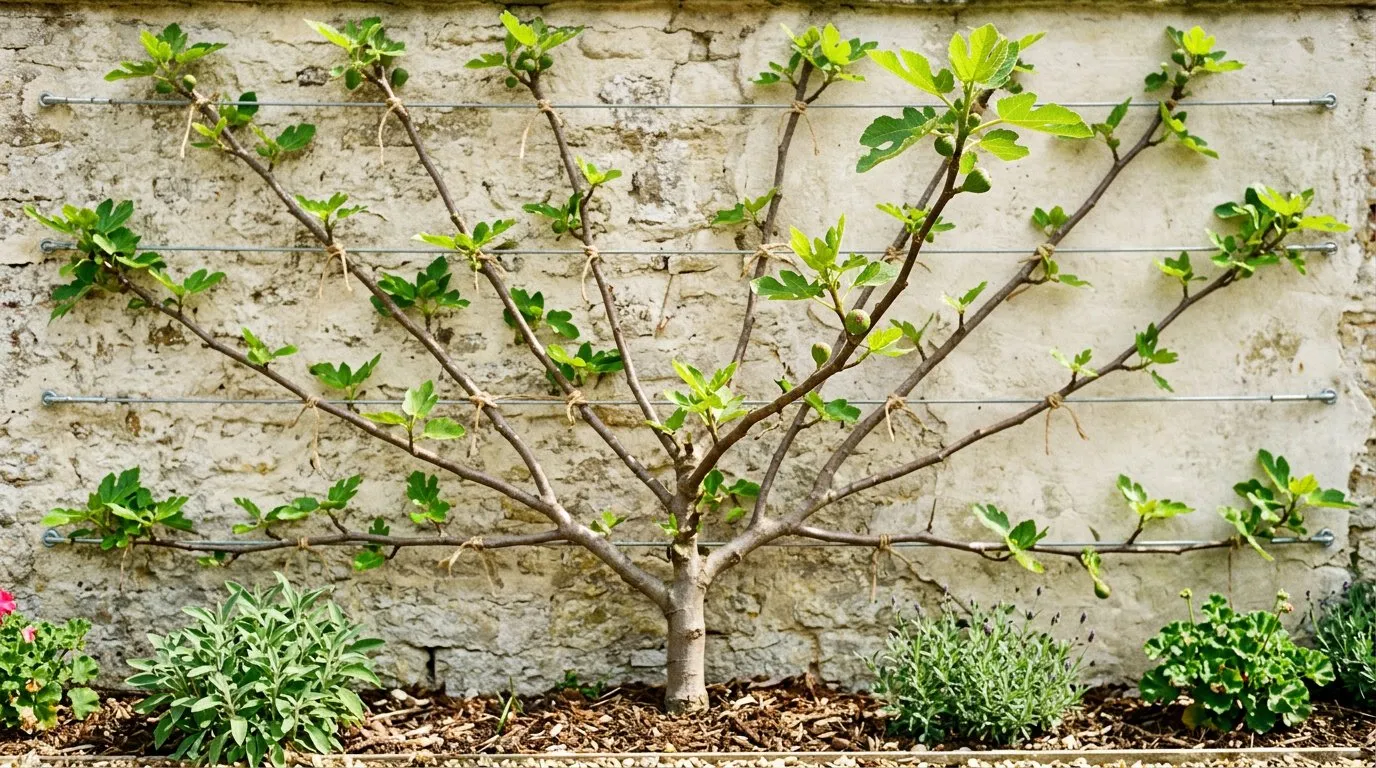 Fan-training framework of a fig tree showing the branch pattern