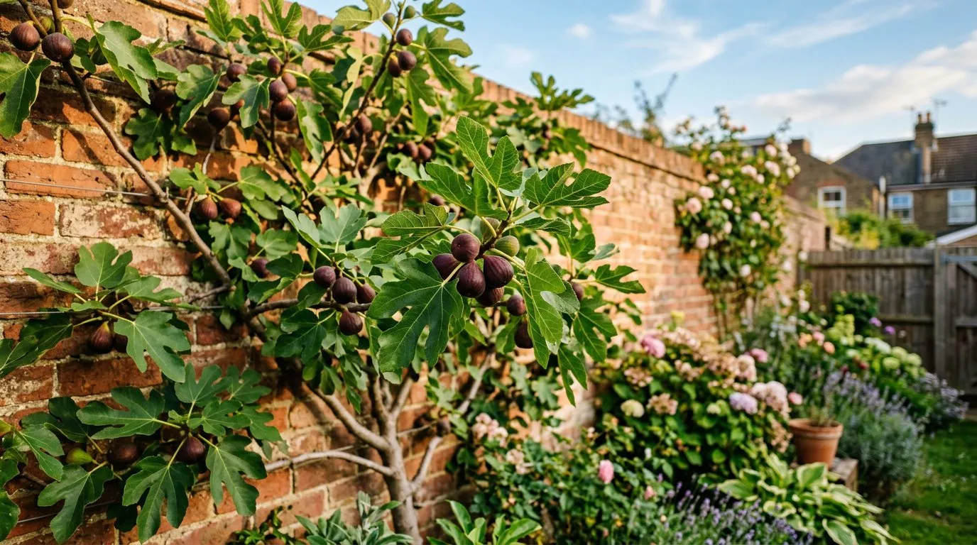 Fig tree trained against a south-facing brick wall with ripe purple figs