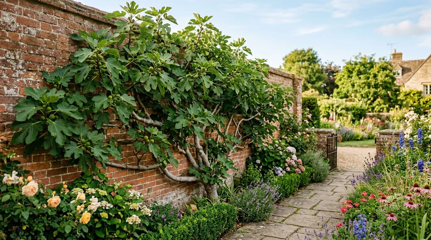 Mature fig tree fan-trained against a south-facing brick wall