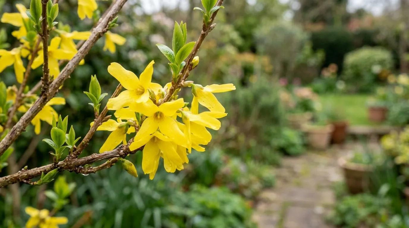 Close-up of forsythia flowering in a UK garden border for forsythia guide