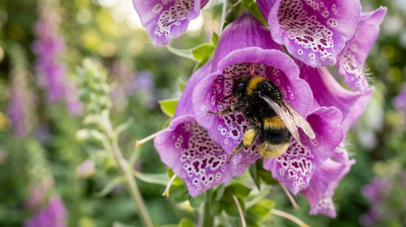 Tall purple foxglove spikes with bumblebee entering a tubular flower in a dappled garden border