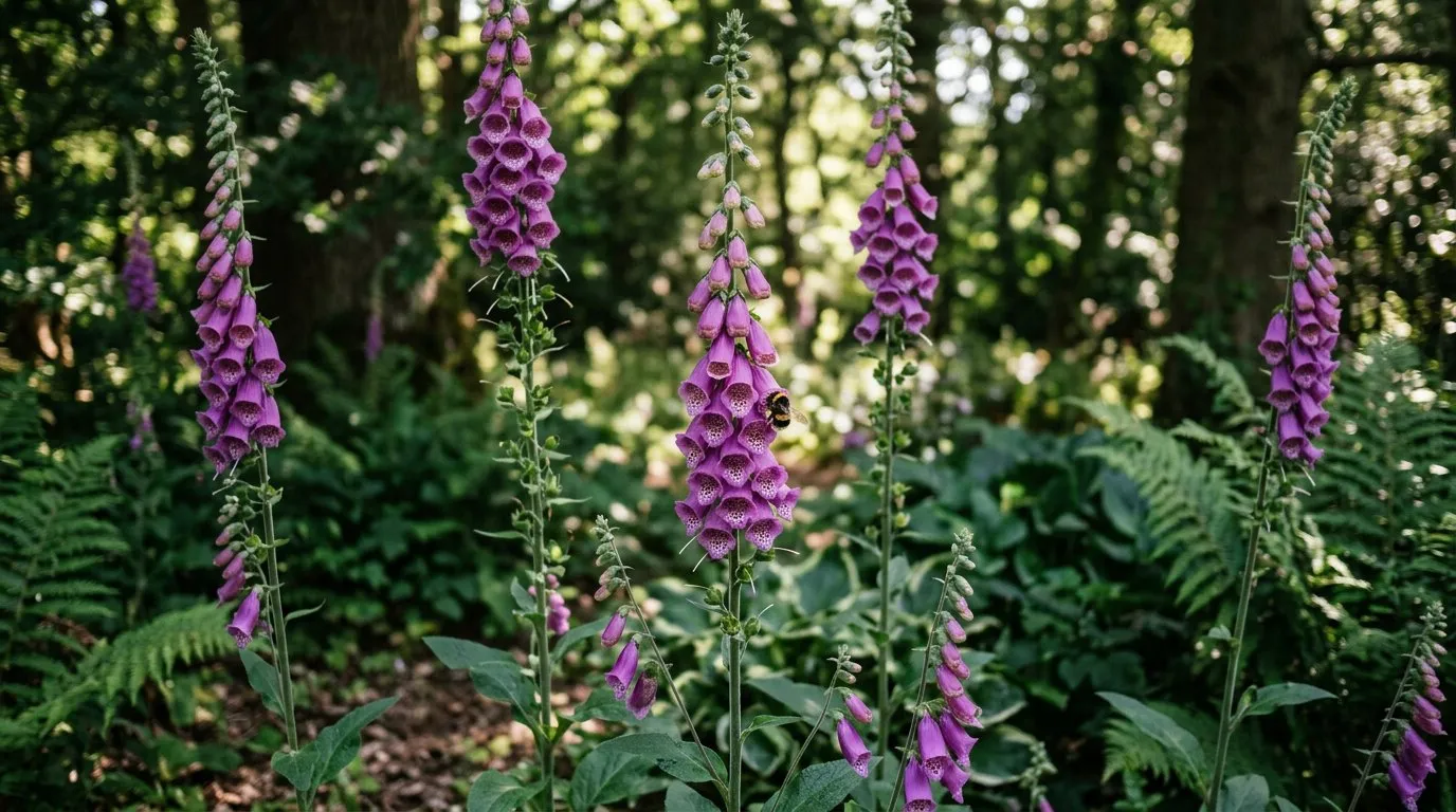 Tall purple foxglove spikes in dappled woodland shade with a cottage garden border in the background