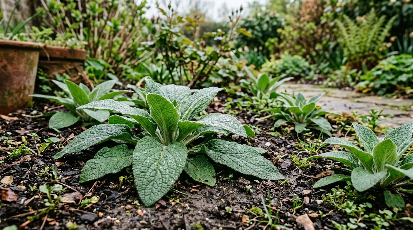 Foxglove rosettes growing in woodland shade with emerging spring foliage in a British garden
