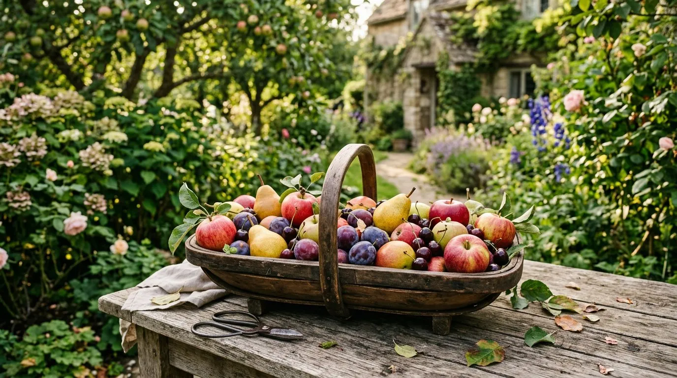 Fruit tree harvest in a wooden trug basket filled with freshly picked apples, pears, plums, and cherries in an English cottage garden