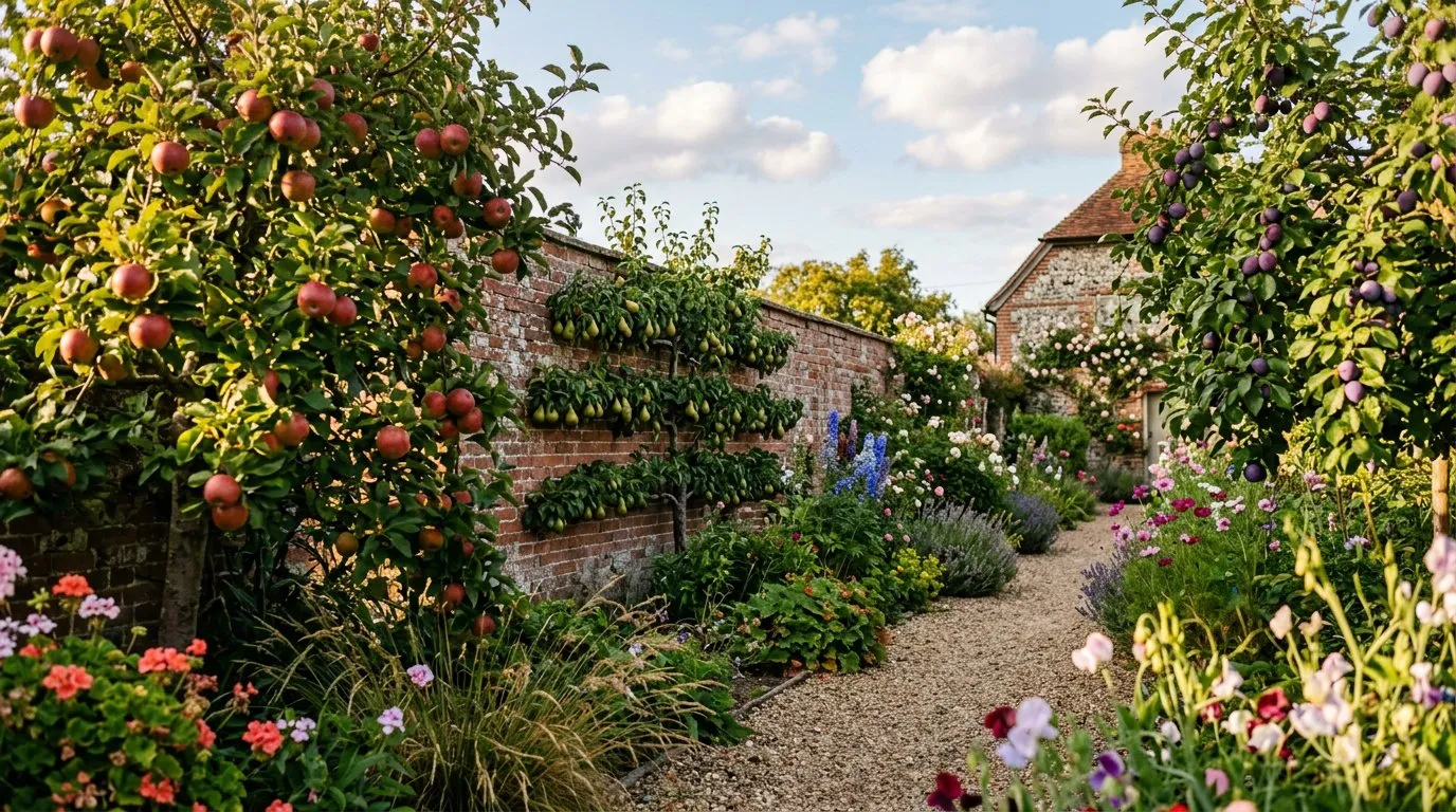 Mixed fruit trees in a productive English garden with ripe apples and pears