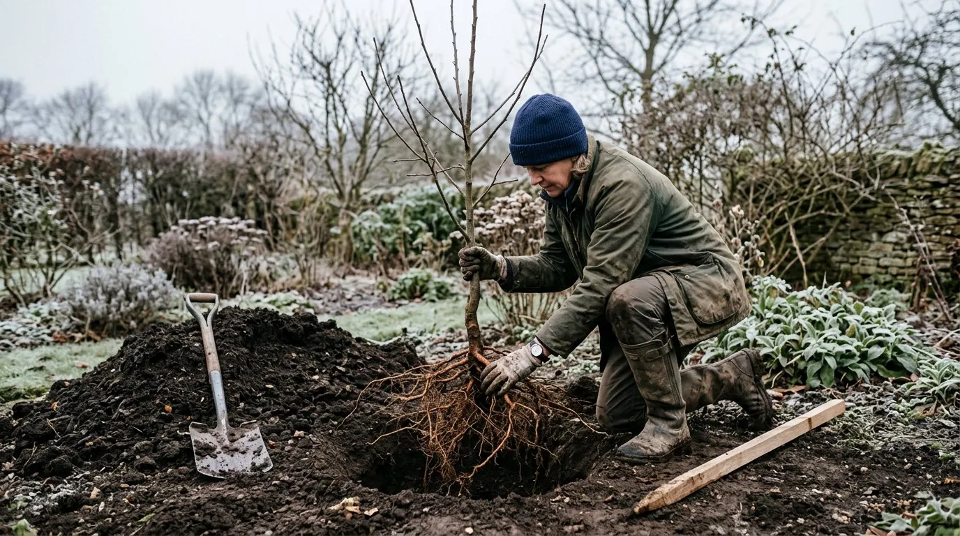 Planting a bare-root fruit tree in a prepared hole in an English garden