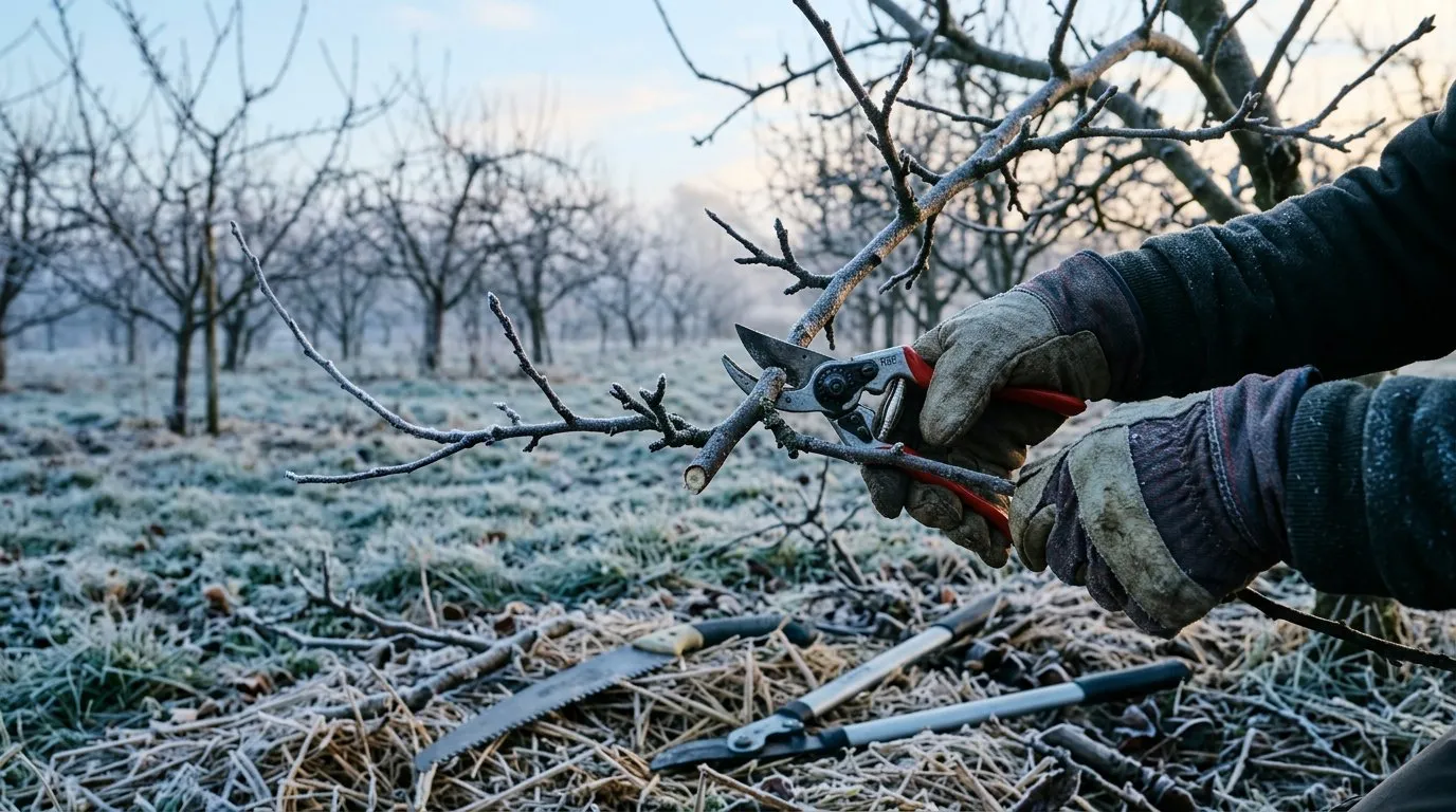 Pruning a fruit tree in winter in a frosty English garden