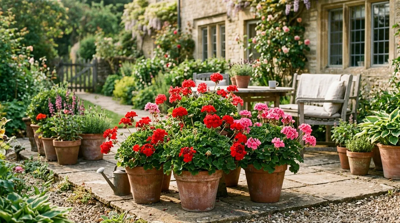 Hardy geranium Rozanne spilling over a garden path in a sunny UK cottage border