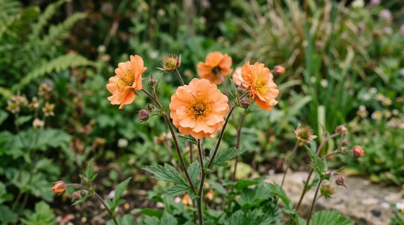 Close-up of geum flowering in a UK garden border for geum guide