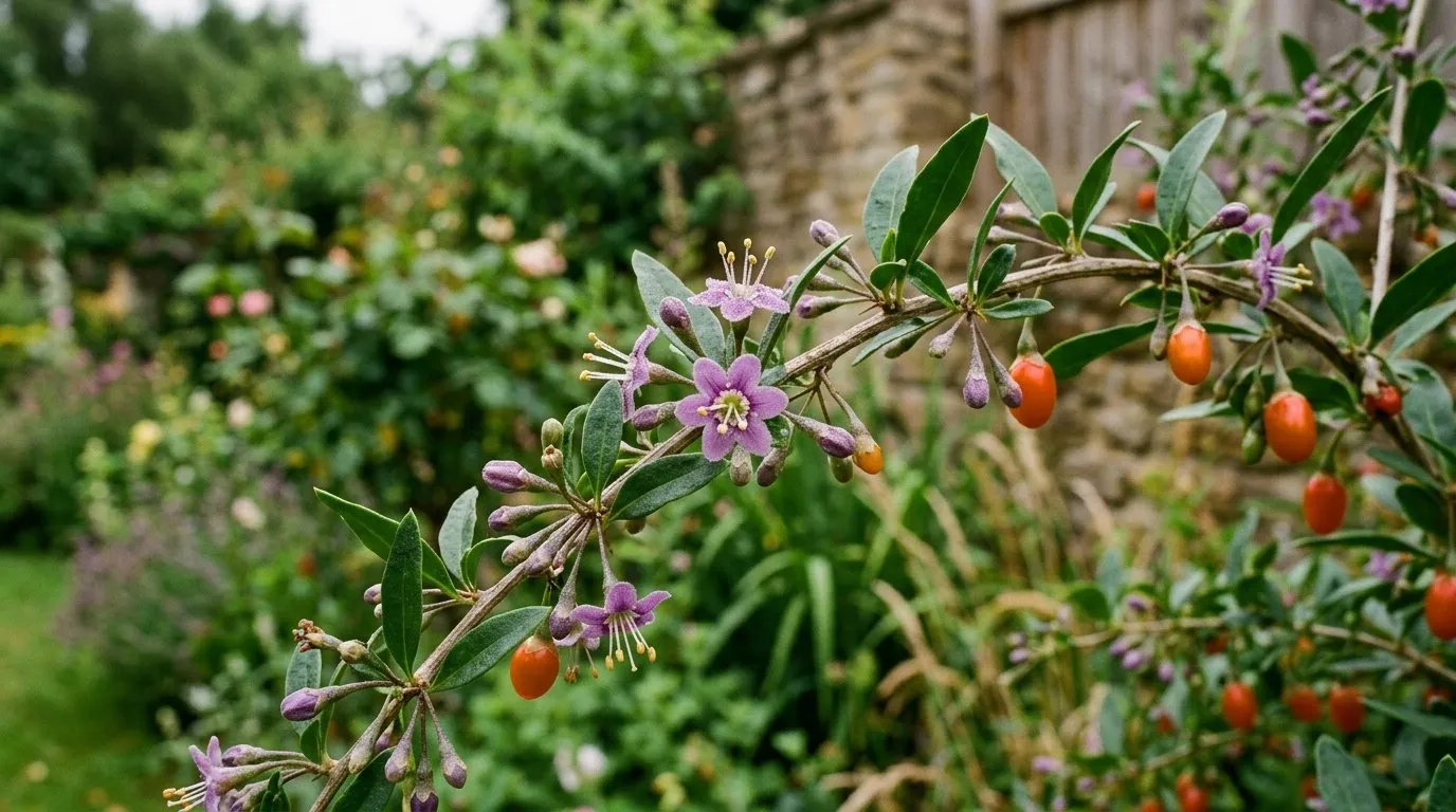 Close-up of goji berry flowering in a UK garden border for goji berry guide