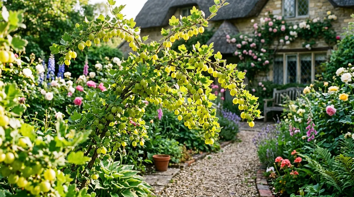 Mature gooseberry bush with translucent green berries in a cottage garden