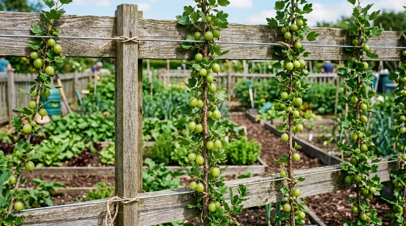 Gooseberry cordons trained as single stems along a fence
