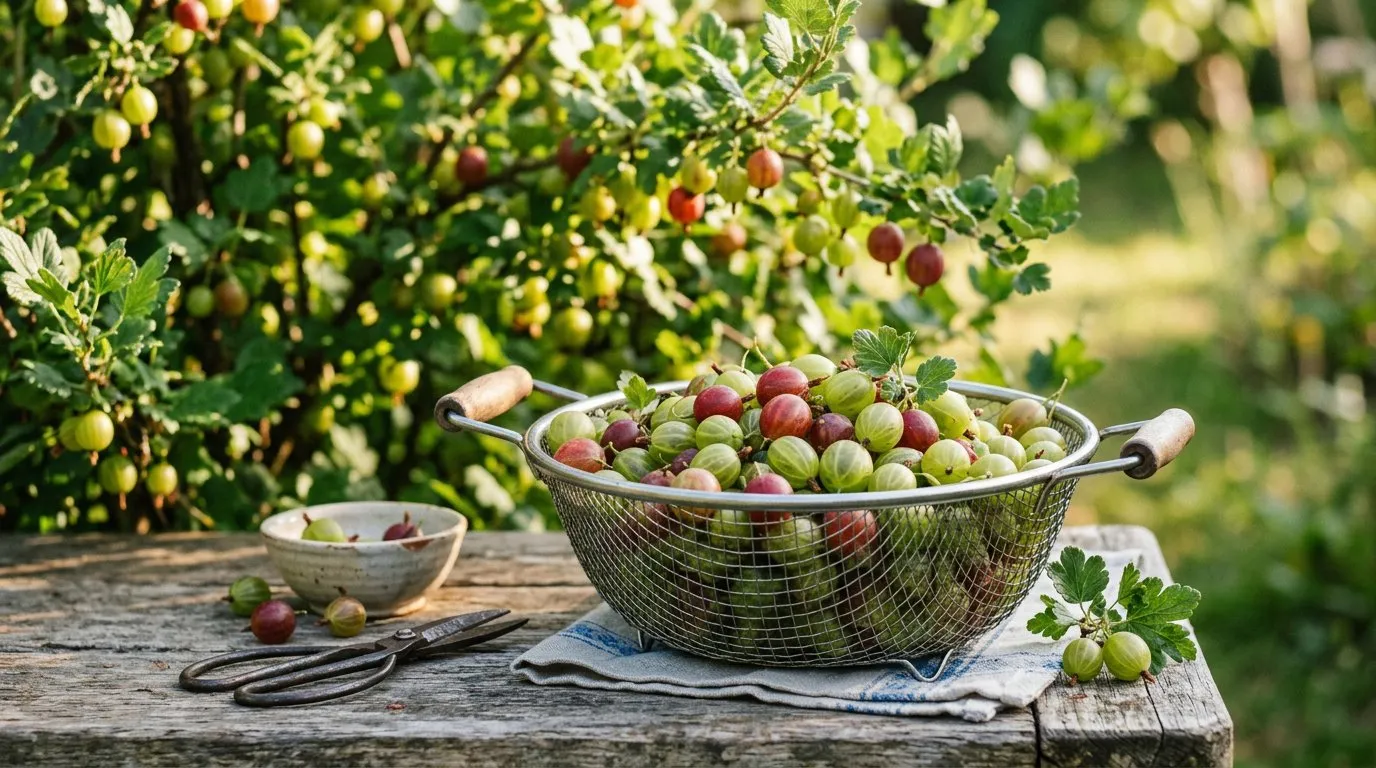 Freshly harvested gooseberries in a colander showing green and red varieties