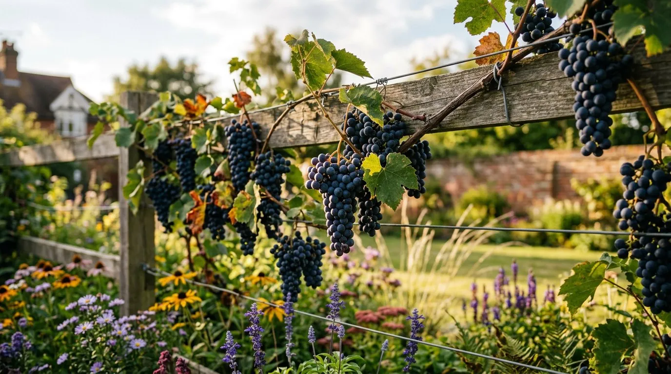 Ripe dark grapes on a vine trained along horizontal wires in an English garden