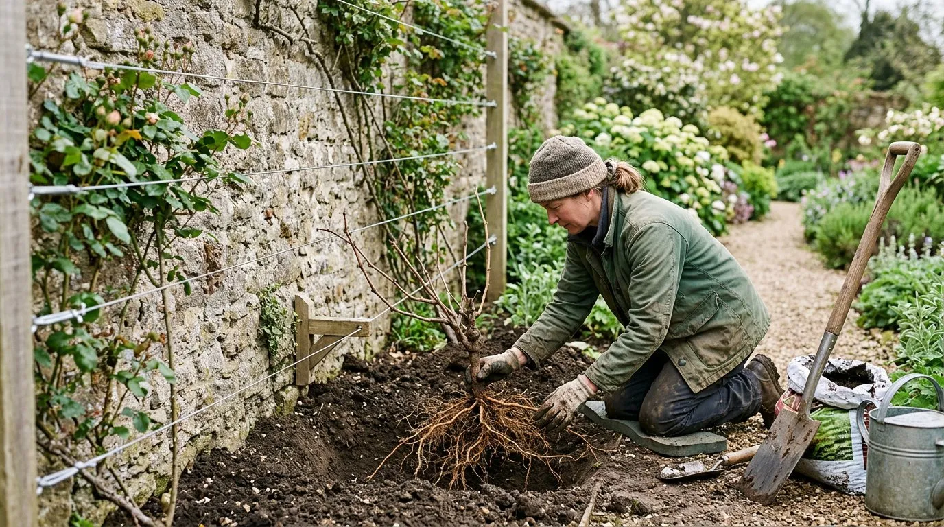 Bare-root grape vine planted at the base of a wall with training wires