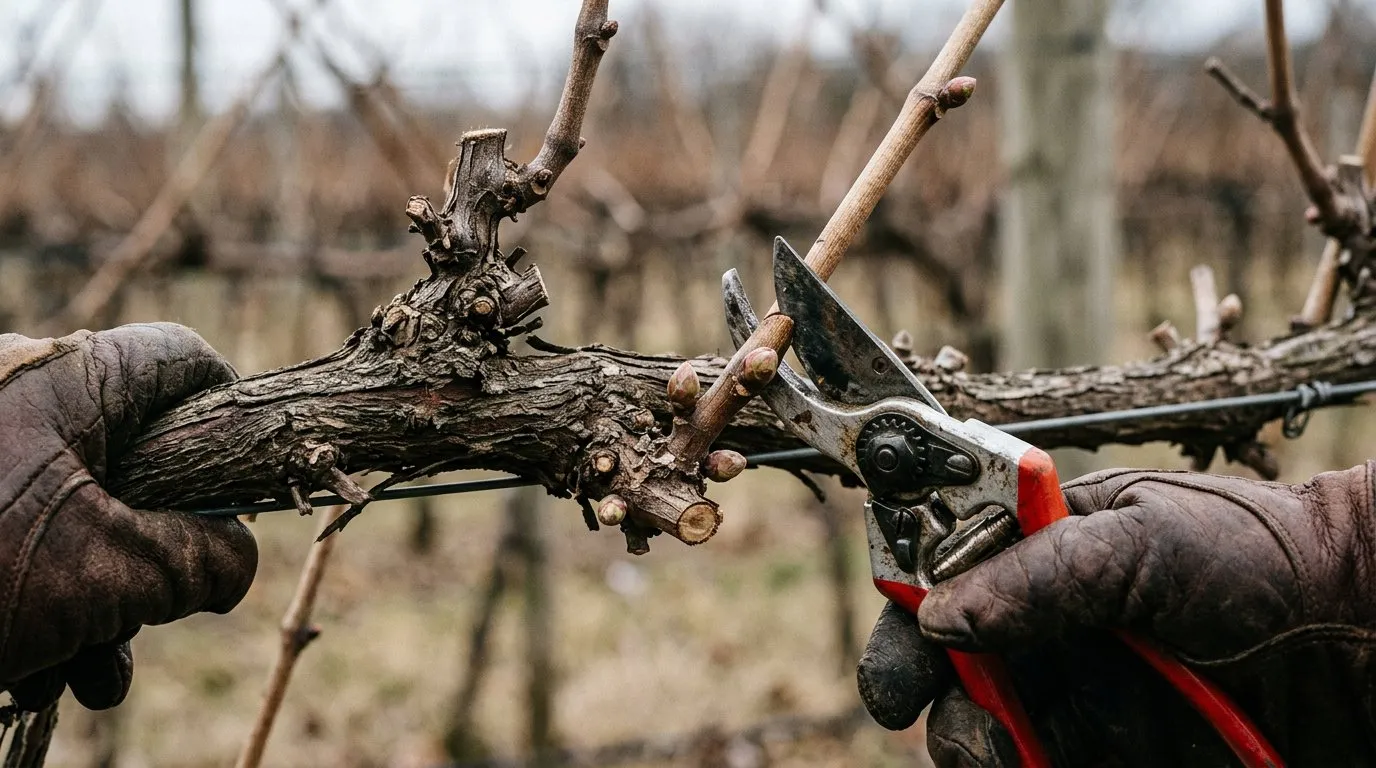 Winter spur pruning on a grape vine rod cutting laterals to two buds