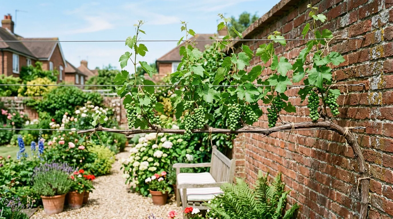 Grape vine trained along horizontal wires on a south-facing wall