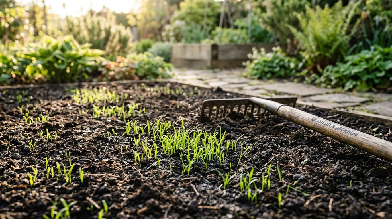 Fresh green grass seedlings emerging from prepared soil in a garden