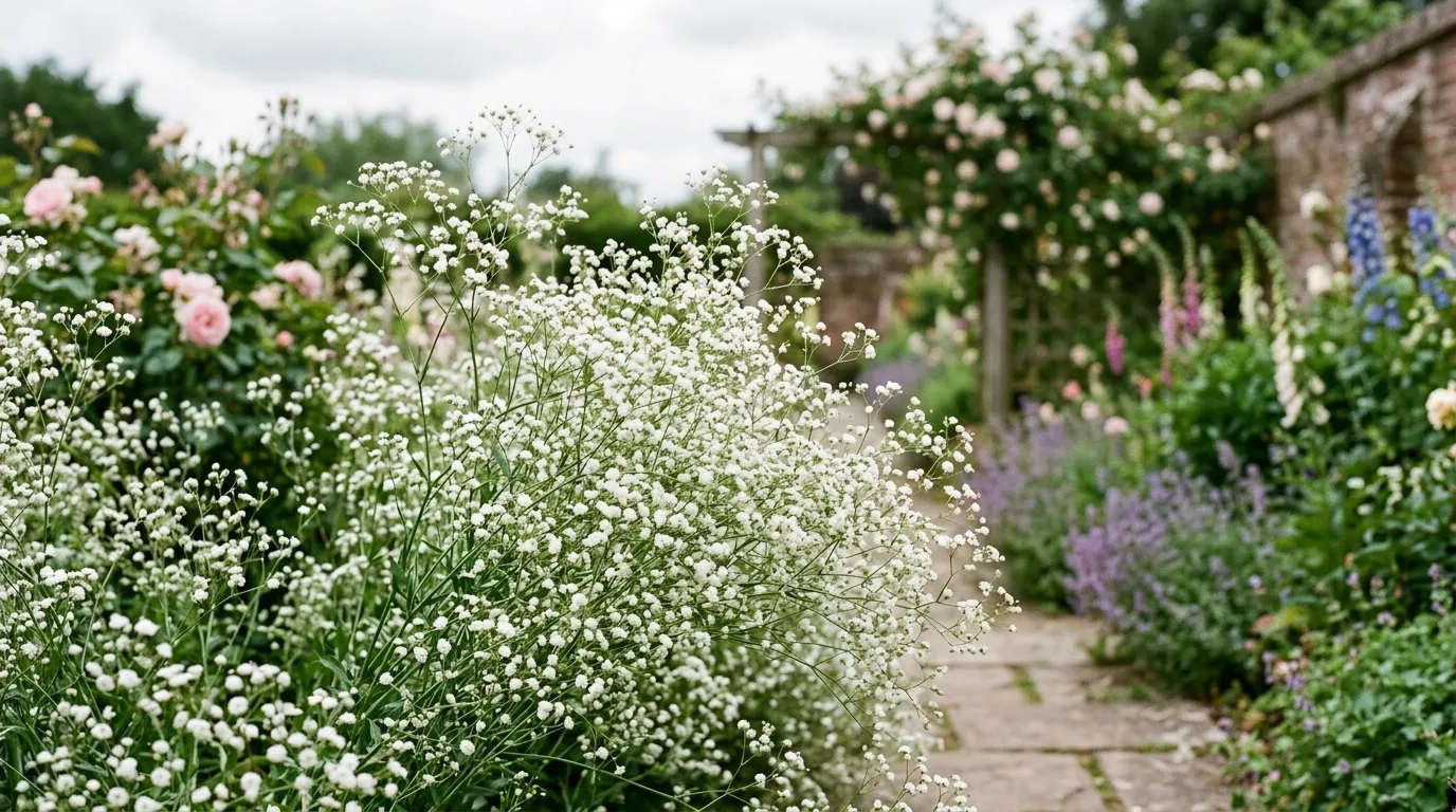White gypsophila baby's breath flowers growing in clouds in a UK garden border