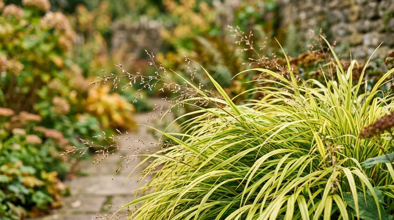 Close-up of hakonechloa hakone grass flowering in a UK garden border for hakonechloa hakone grass guide