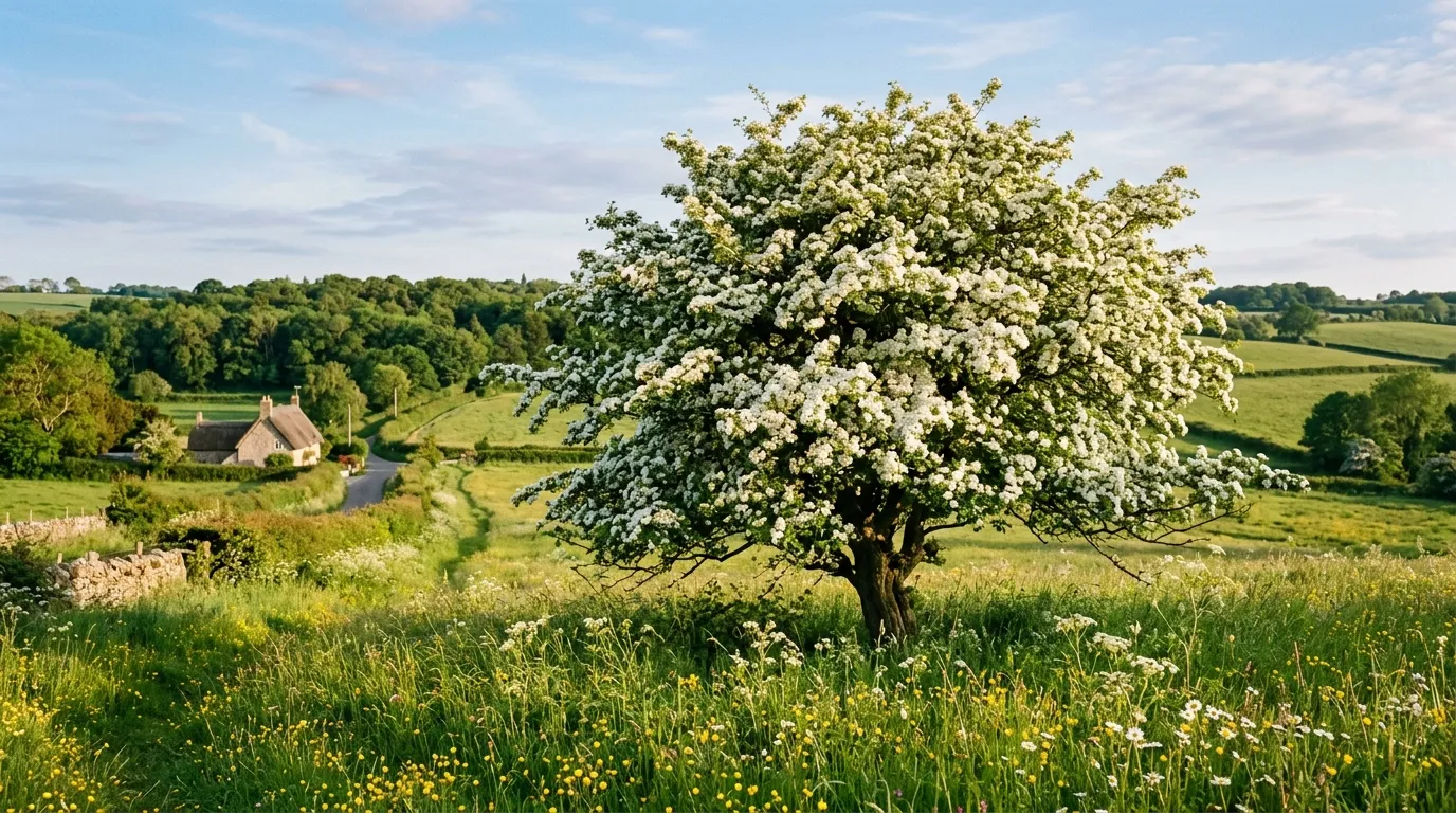 Hawthorn tree in full May blossom with white flowers in a UK countryside garden