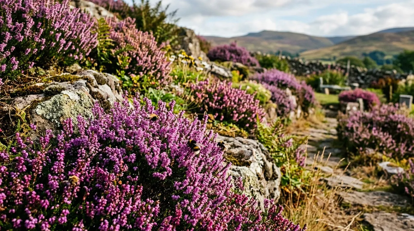 Sweeping drift of purple and white heather in full bloom in a sunny UK garden border