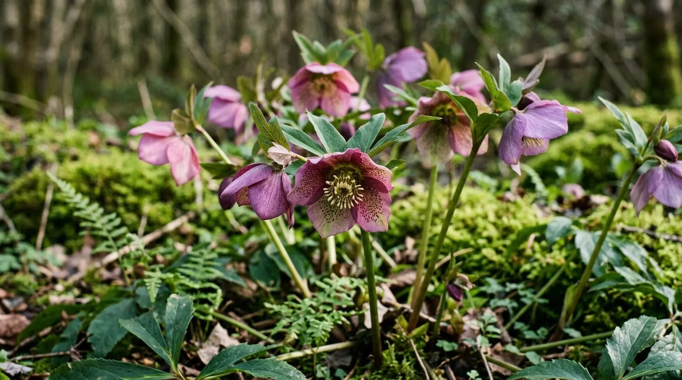 Hellebore flowers in pink and white blooming beneath bare trees in a UK winter garden