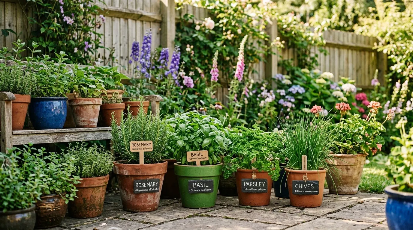 Terracotta pots of herbs grouped on a sunny UK patio with labels marking each variety
