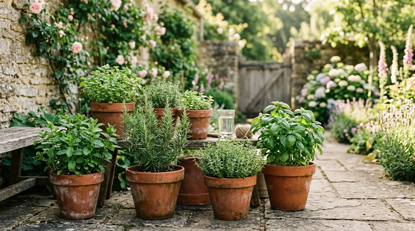Terracotta pots of herbs including basil, rosemary, thyme, and mint on a sunny UK patio with a kitchen garden behind