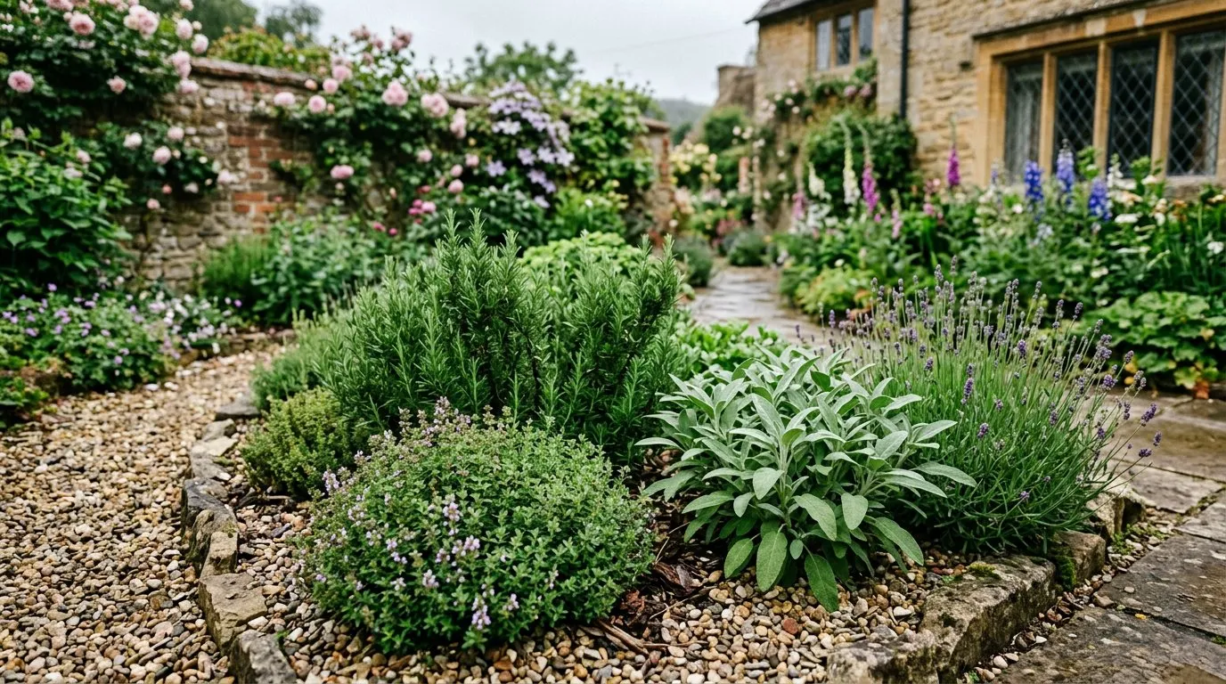 A herb garden with rosemary, thyme, sage, and lavender in a sunny border with gravel paths