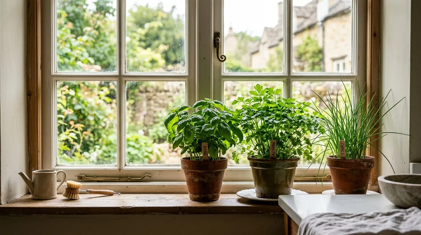 Kitchen windowsill herb garden with pots of basil, parsley, and chives growing in bright natural light