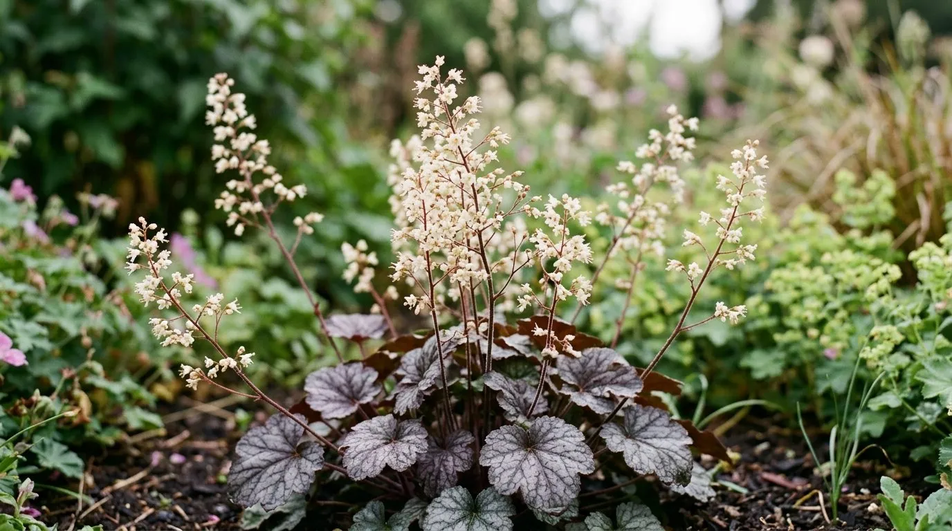 Close-up of heuchera flowering in a UK garden border for heuchera guide