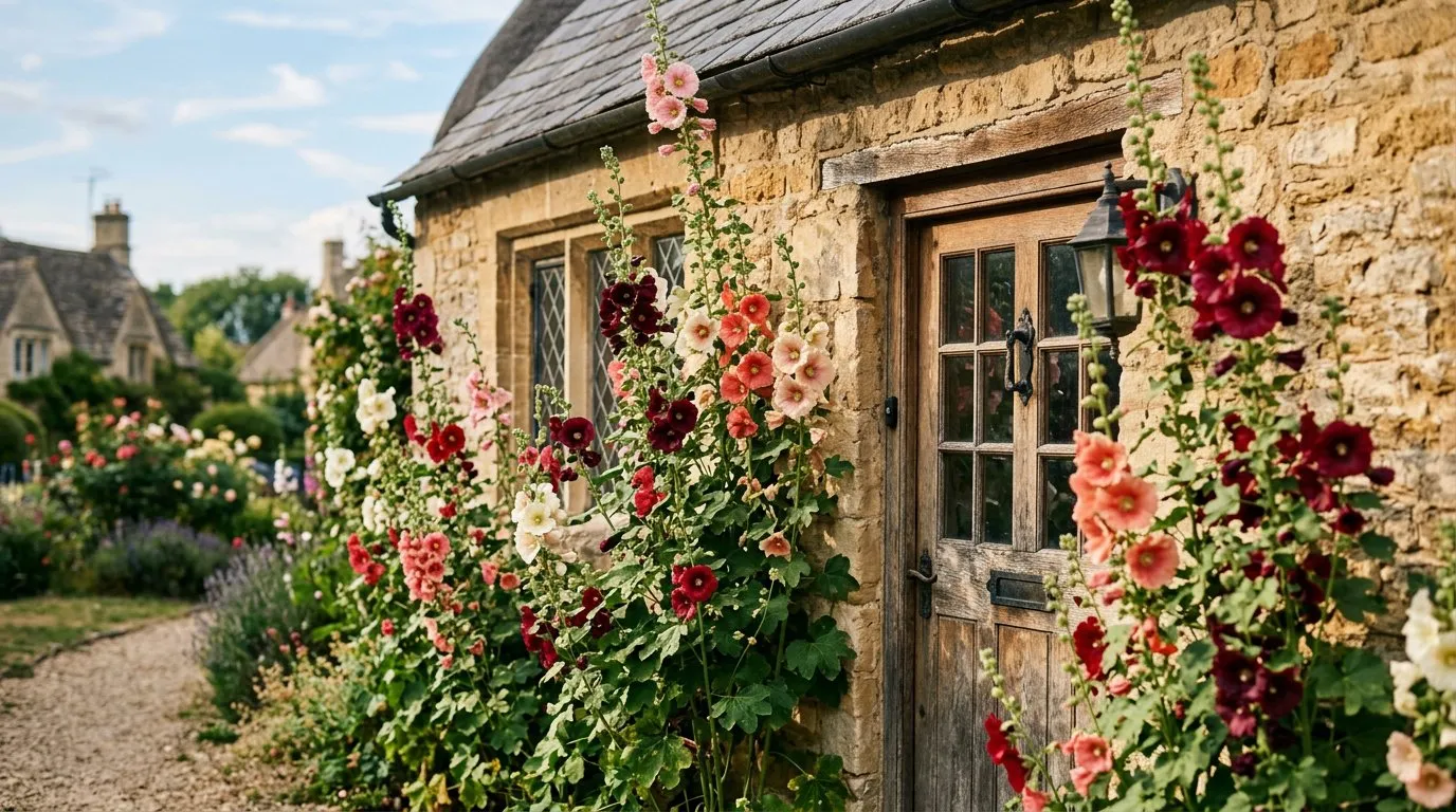 Tall hollyhock spires in mixed colours growing against a stone cottage wall in an English garden