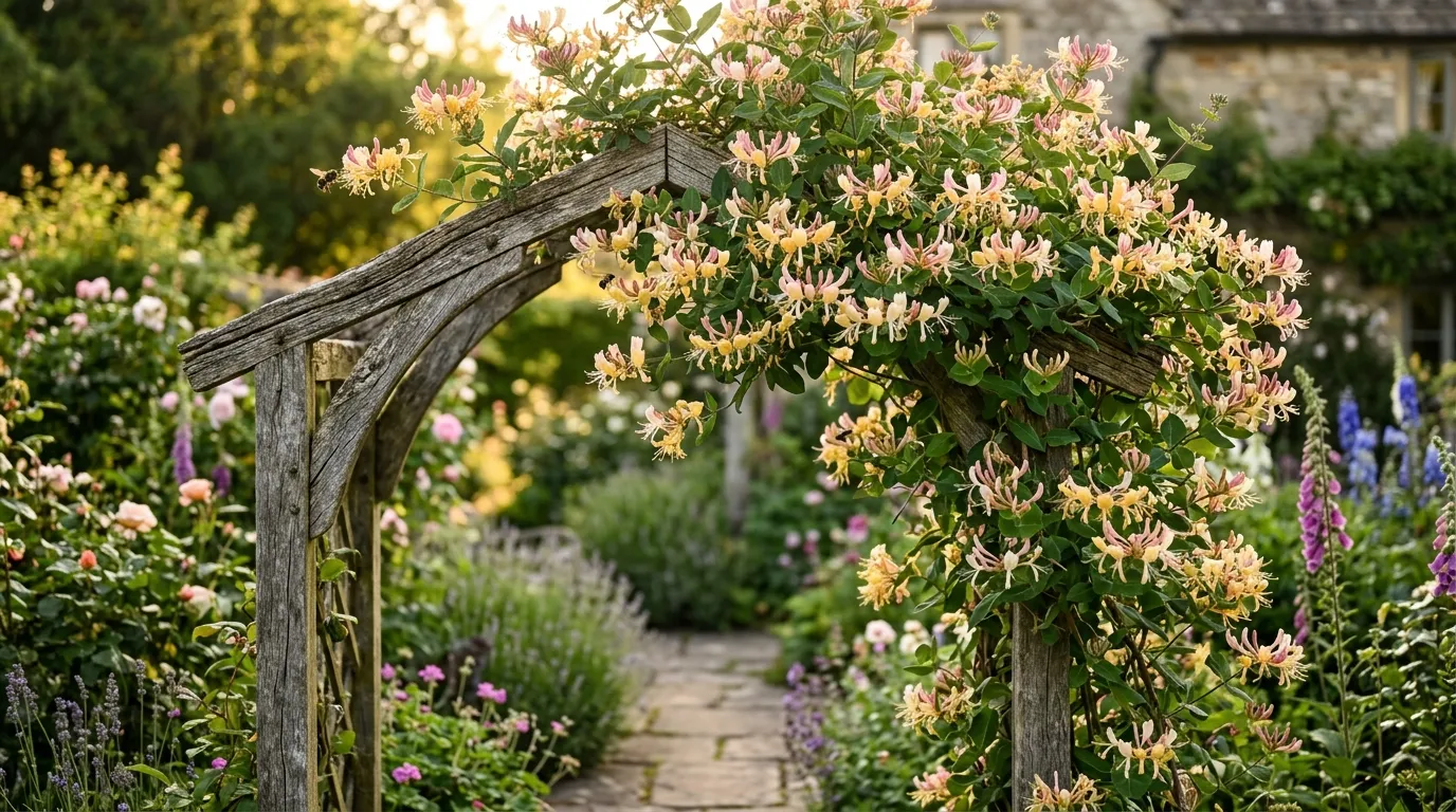 Honeysuckle in full bloom climbing a rustic wooden garden arch, cream and coral tubular flowers with evening golden light in a UK garden