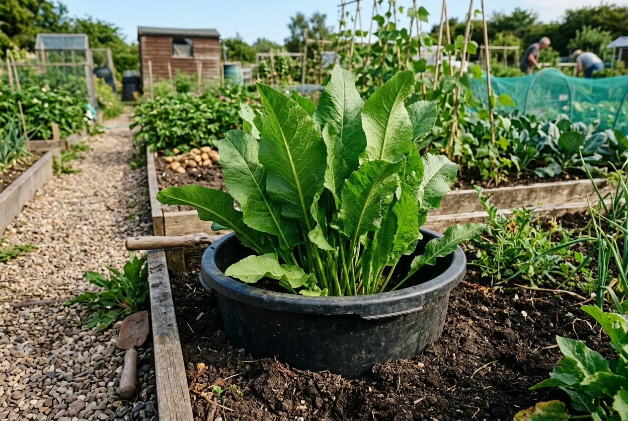 Horseradish growing in a sunken container to prevent spreading, with the bucket rim visible above soil level