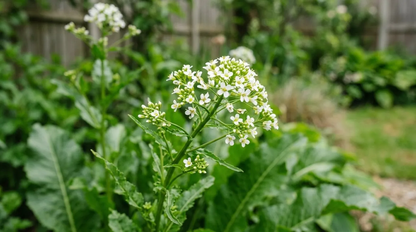 Close-up of horseradish flowering in a UK garden border for horseradish guide