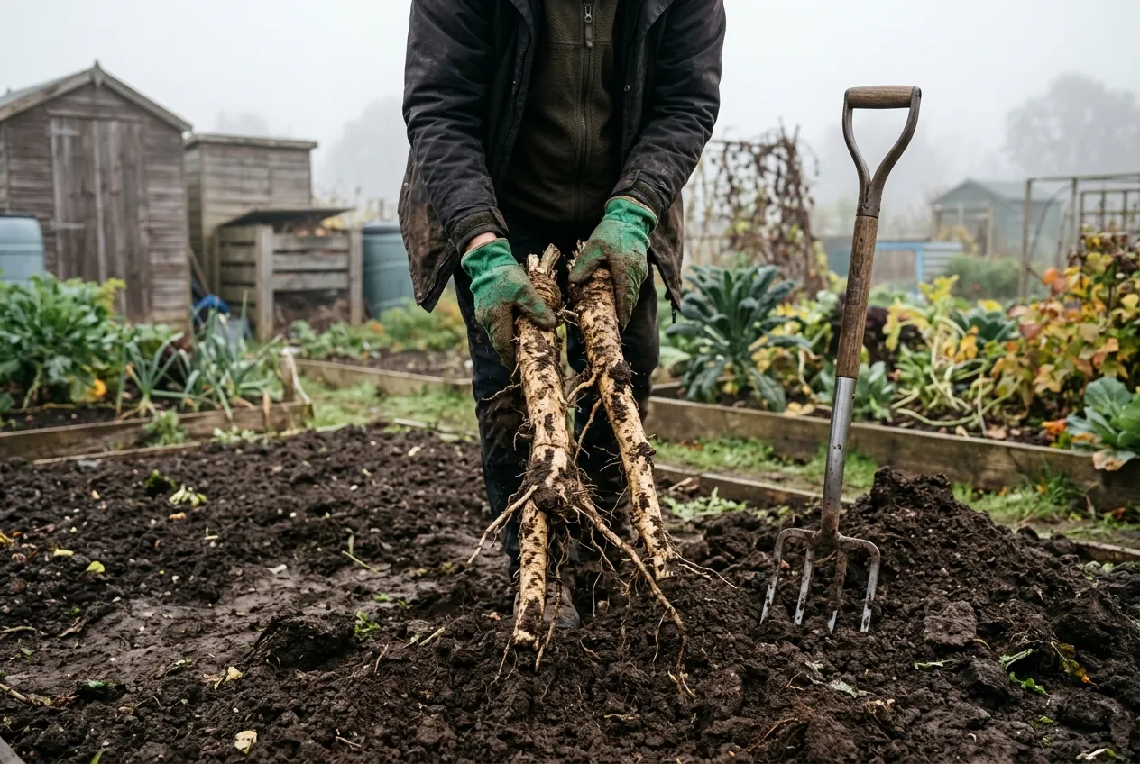 Freshly dug horseradish roots being lifted from dark allotment soil in autumn