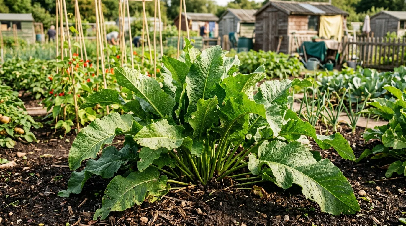 Large horseradish plant with broad green leaves growing in a UK allotment plot in summer