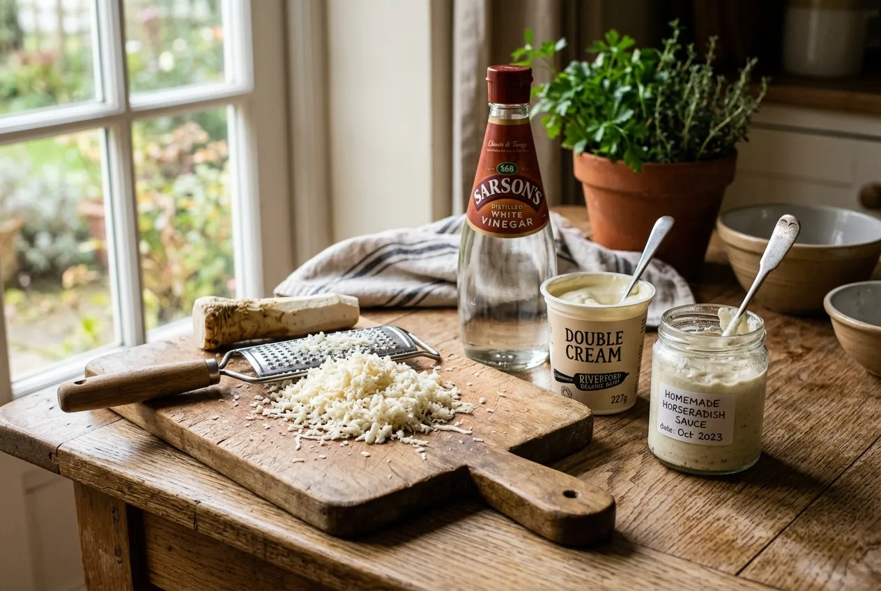 Fresh horseradish sauce being prepared with grated root, vinegar, and cream on a wooden board