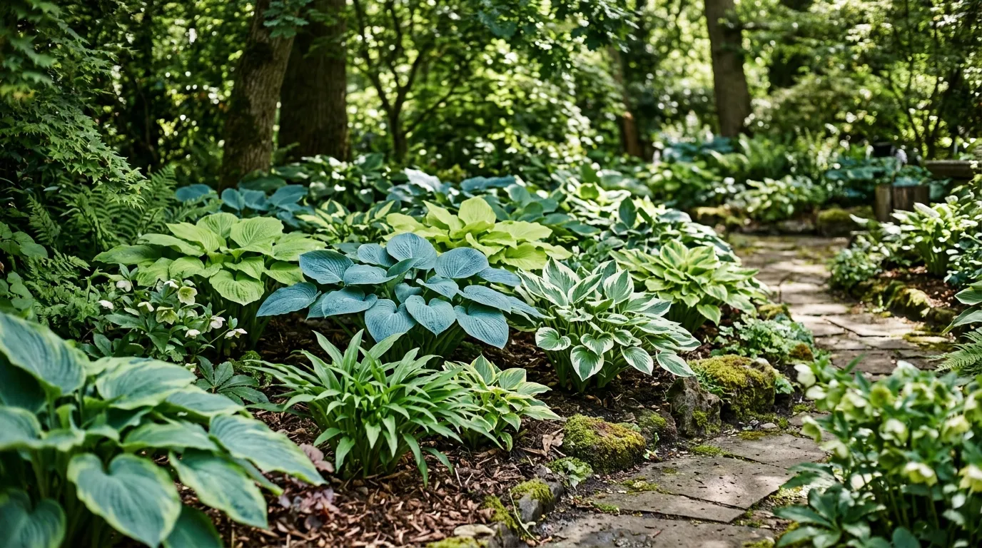 Collection of hosta varieties growing in a shaded UK garden border with blue, green, and variegated foliage