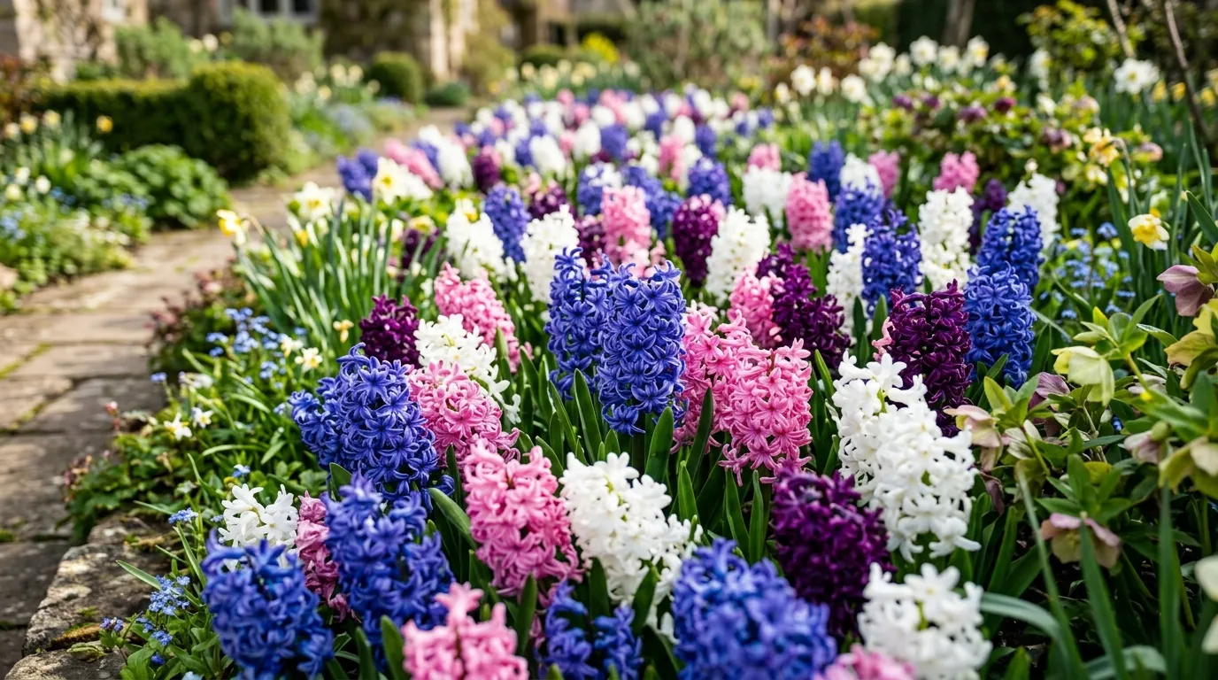 Vibrant blue and pink hyacinths growing in a UK spring garden border