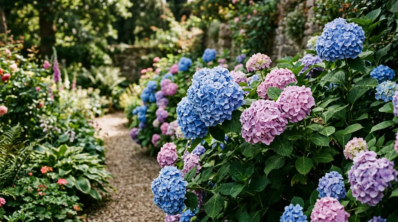 Blue and pink hydrangea mophead flowers in a shaded garden border