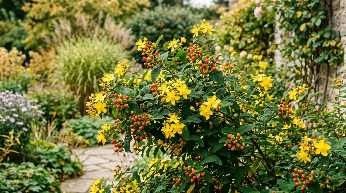 Yellow hypericum St Johns Wort flowers with red berries in a UK garden