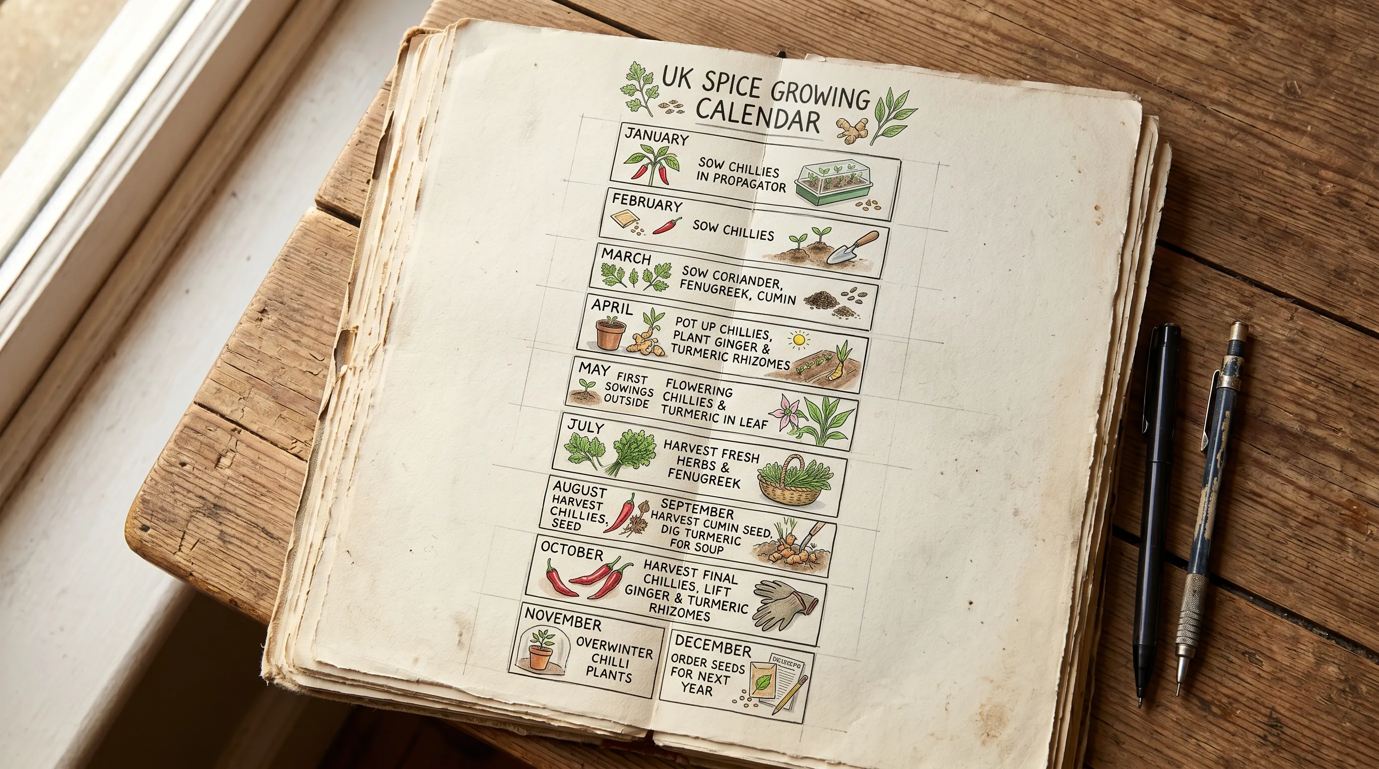 Editorial photograph of a hand-drawn UK spice growing calendar in an installer's sketchbook on a wooden bench showing month by month tasks from January chilli sowing through October ginger and turmeric lifting
