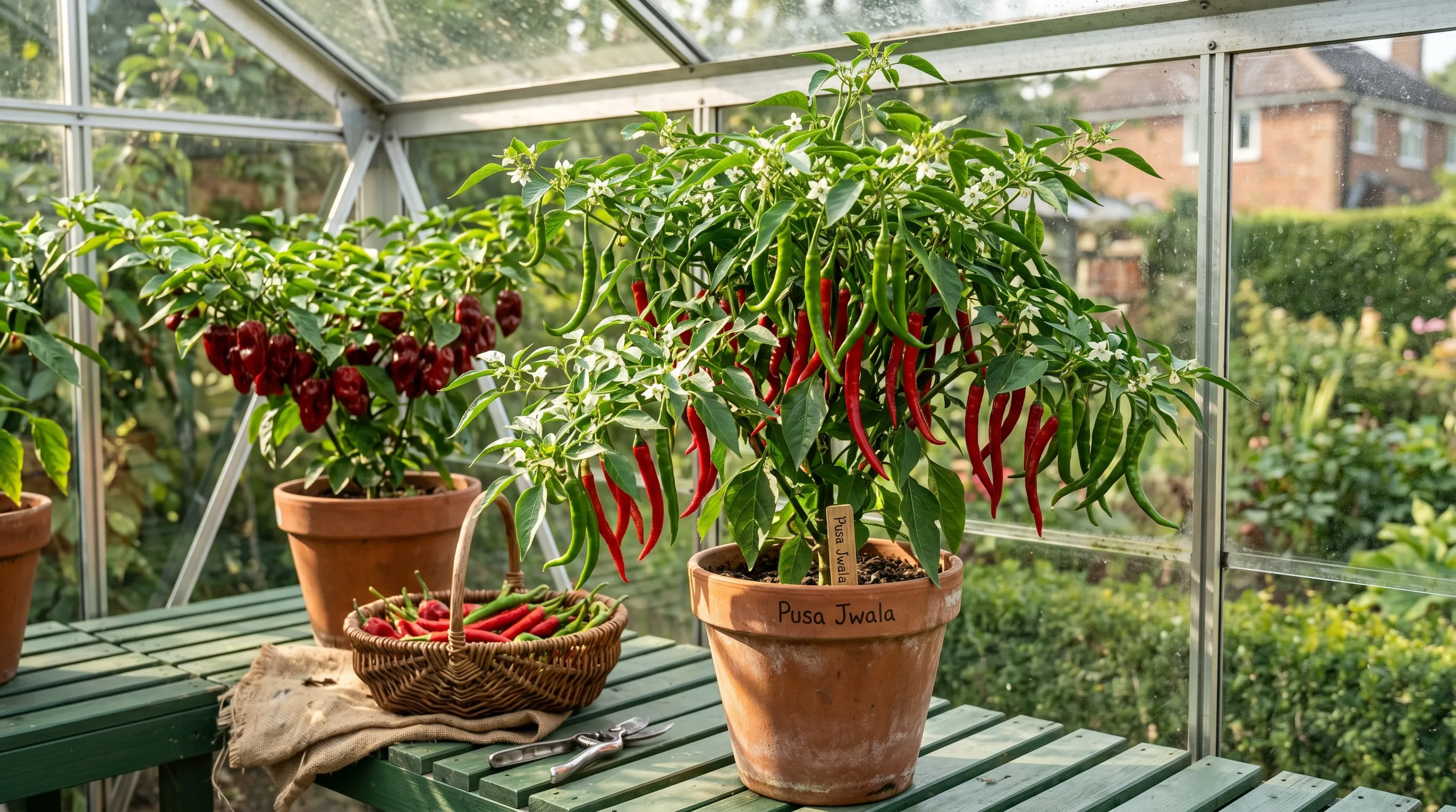 Editorial photograph of mature Pusa Jwala and Kashmiri chilli plants in 35cm terracotta pots inside a UK aluminium greenhouse bearing long thin red and green chillies with a basket of freshly picked fruit on the staging