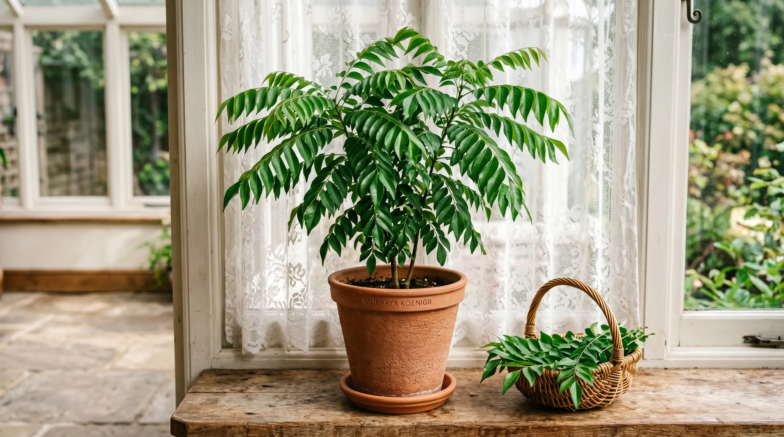 Editorial photograph of a healthy 1m tall curry leaf Murraya koenigii plant in a 30cm terracotta pot indoors on a wooden bench in a UK south-facing conservatory with lace curtains behind and a small basket of picked leaves beside it