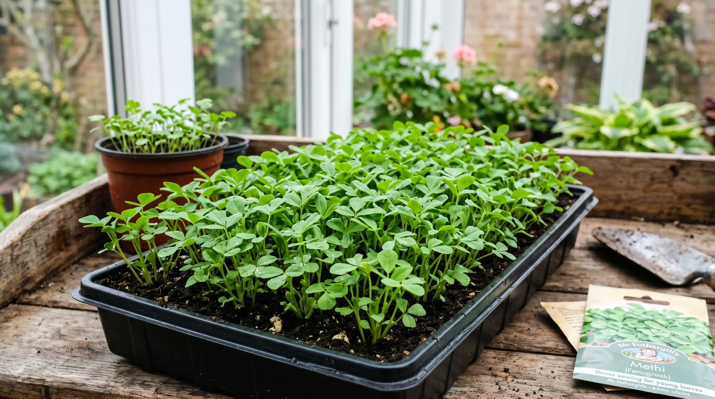 Editorial close-up of a dense seed tray of young fenugreek methi seedlings at the 4-leaf stage on a wooden potting bench in a UK conservatory with a seed packet visible