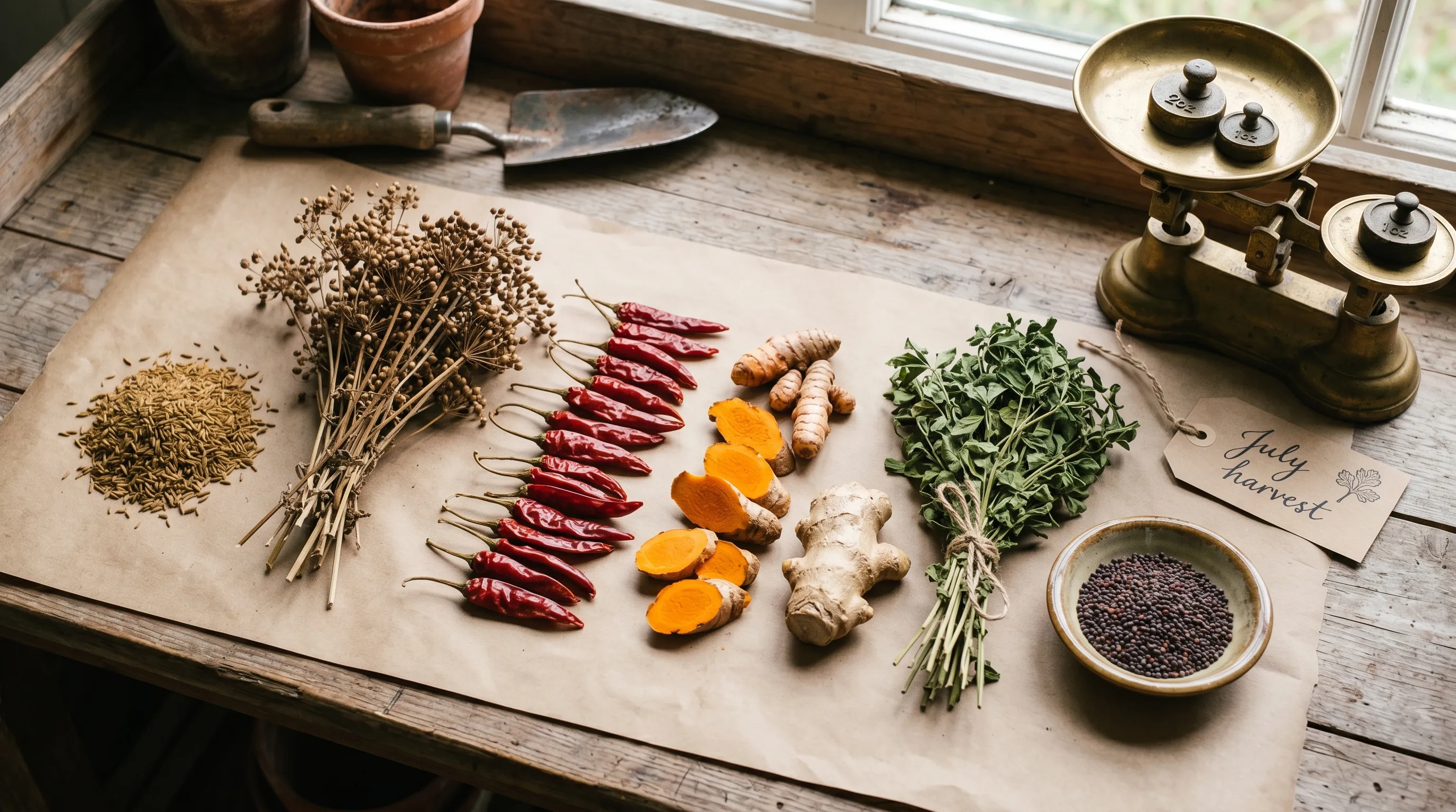 Editorial overhead photograph of harvested home grown UK spices laid out on kraft paper on a wooden bench including dried Kashmiri chillies fresh turmeric rhizomes ginger fenugreek leaves mustard seed coriander umbels and cumin seed with brass kitchen scales and a July harvest label
